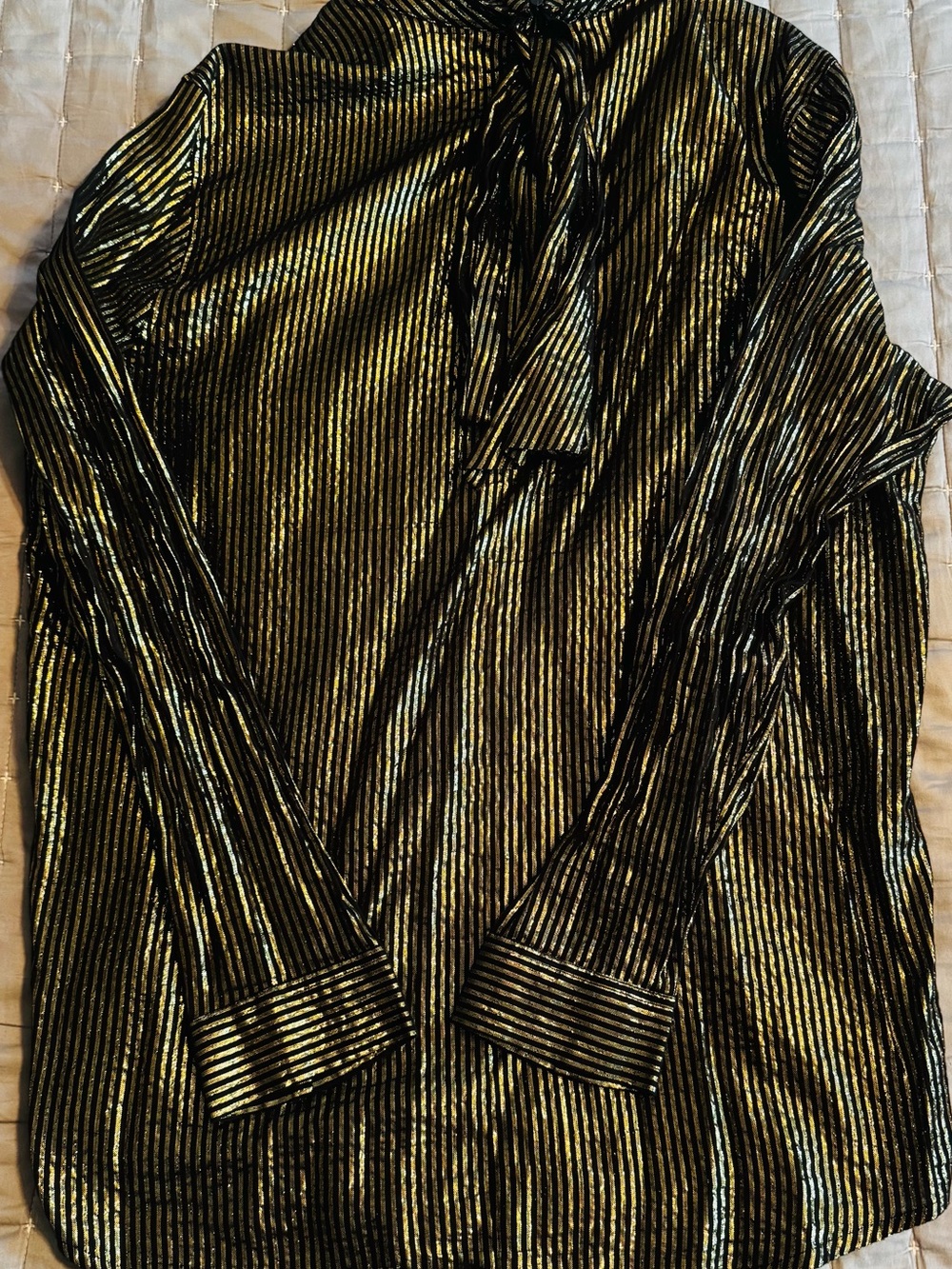 ASOS DESING Women's Metallic Striped Long Sleeve Blouse with Tie Neck.